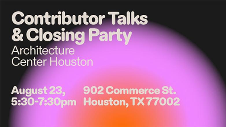 Black background with neon pink and orange concentric circles. Text reads "Contributor talks and closing party"