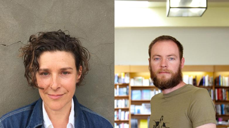 Left: a woman in a blue shirt and white button up looks at the camera. Right: a white man with a beard in a green shirt looks at the camera.