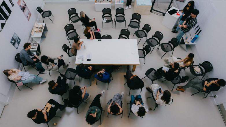 Aerial view of a review inside of Farish gallery