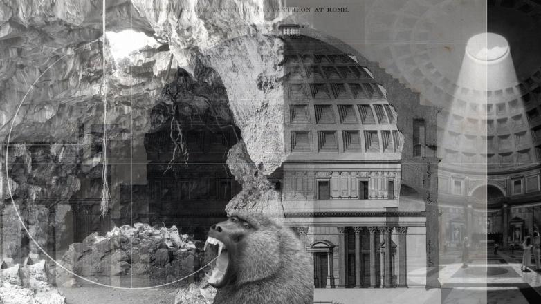 Black and white Digital collage of baboon in a cave.