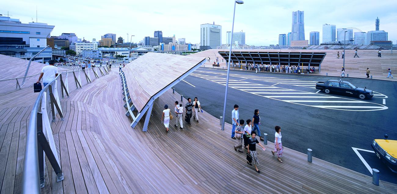 Wooden deck with shelter for pedestrians