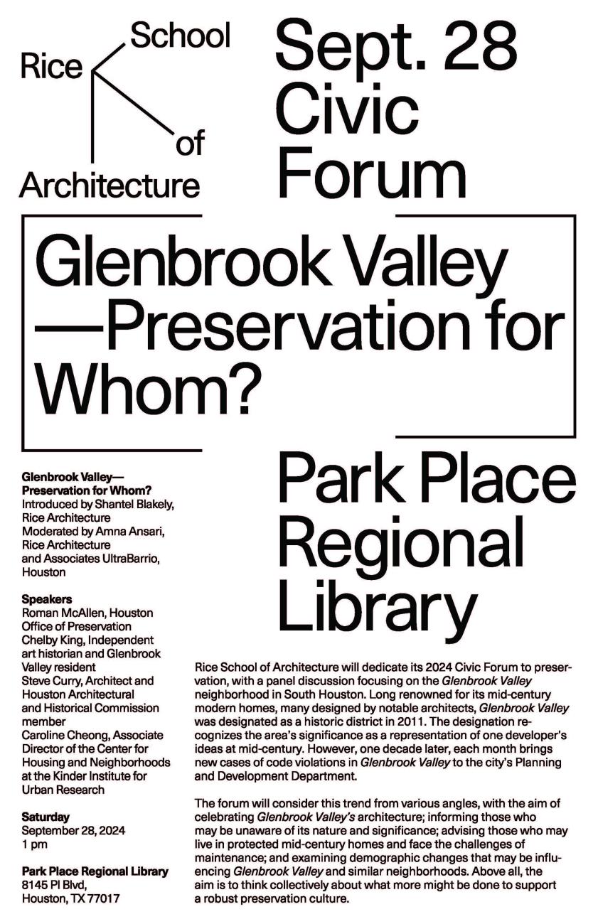 Black text on white background "Civic Forum: Glenbrook Valley - Preservation for Whom?"