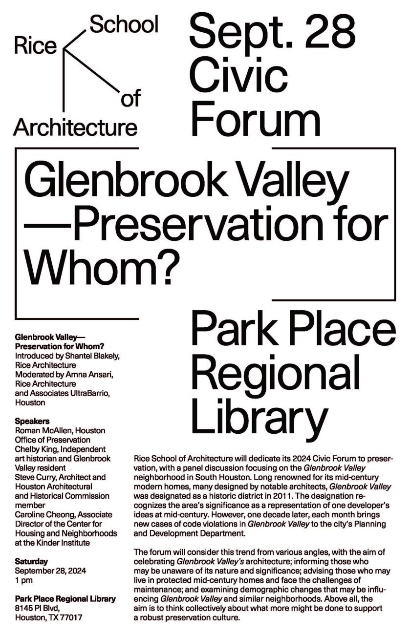 Black text on white background "Civic Forum: Glenbrook Valley - Preservation for Whom?"