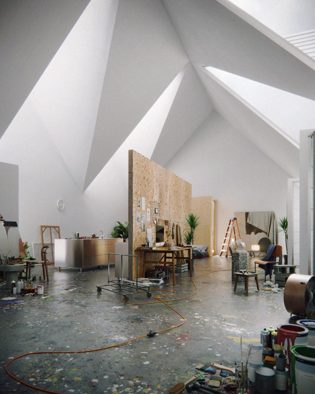 White room with vaulted ceilings and studio space