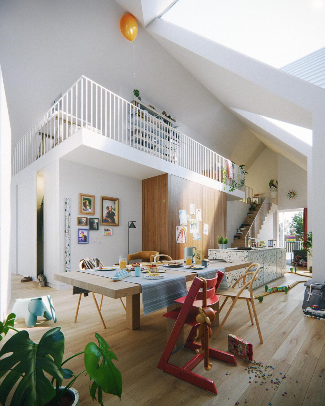 Interior room with vaulted ceiling, skylights, and lofted space