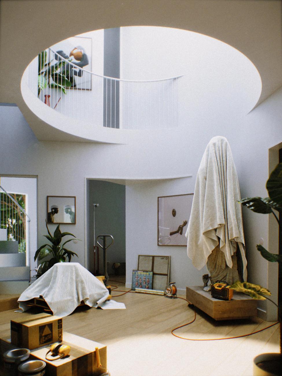 Interor space with round floor above and balcony