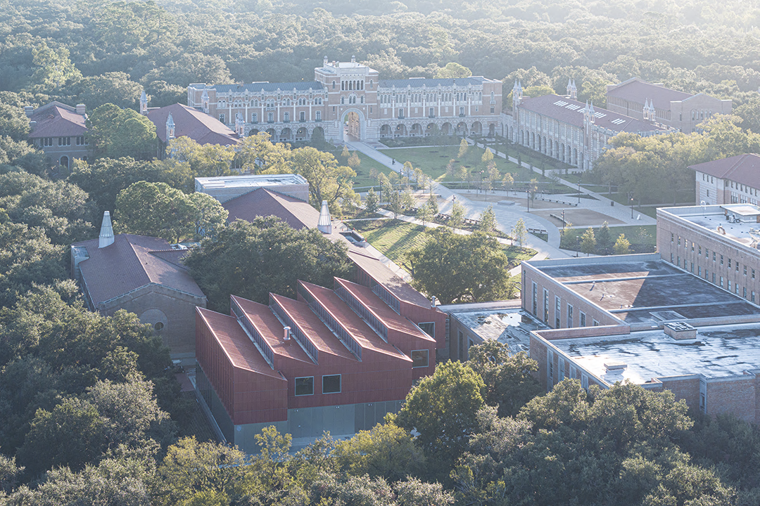 Aerial photo of Rice University. William T. Cannady Hall in foreground. 
