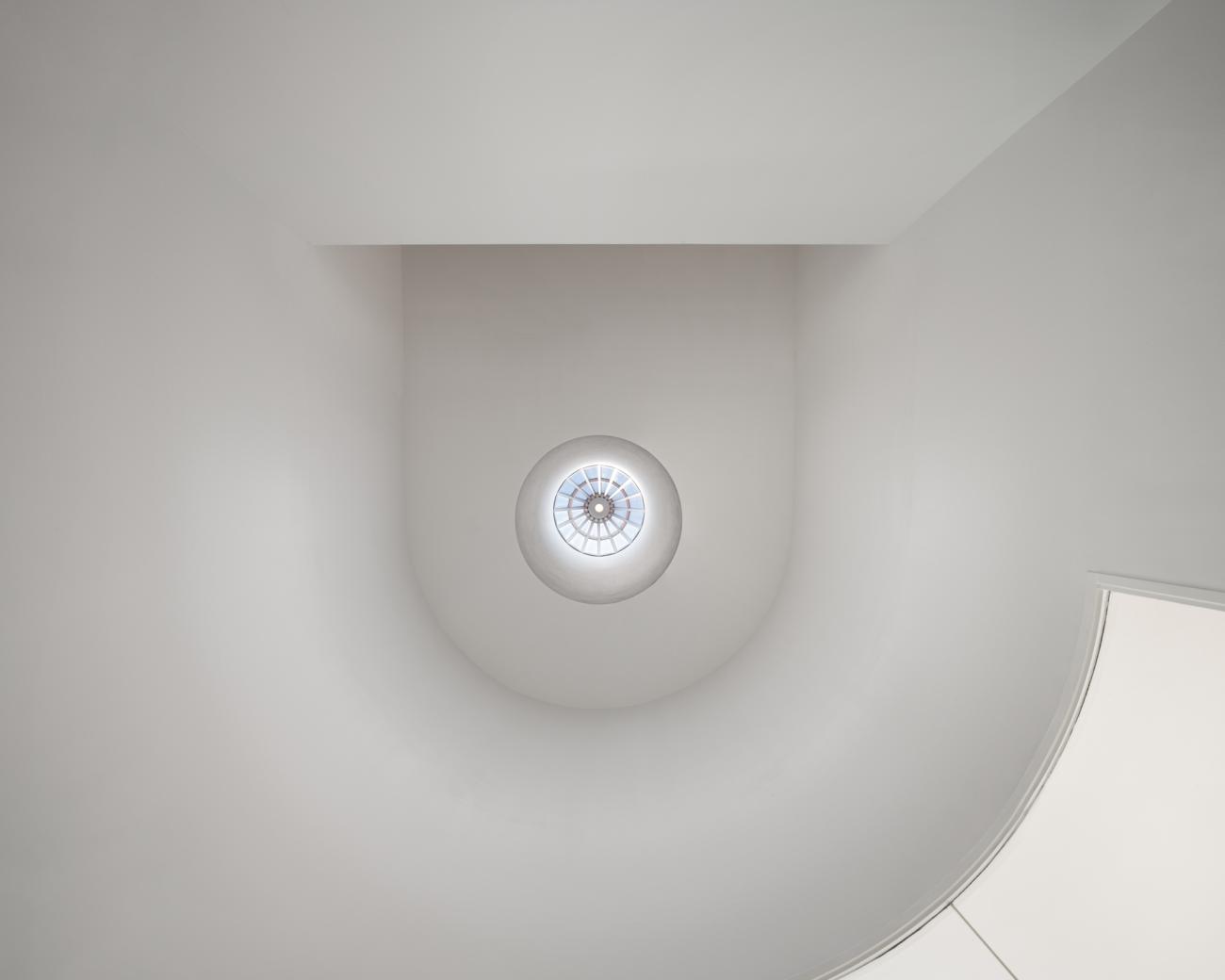 Interior photo looking toward a skylight in Anderson Hall. Photo: Mikael Olsson.