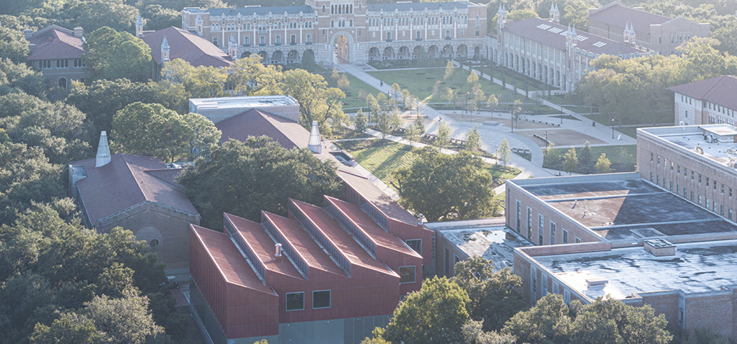 Aerial photo of Rice University. William T. Cannady Hall in foreground. 
