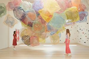 Art sculpture composed of pastel colored mesh