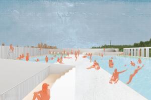 rendering of people of all ages swimming and relaxing in the pool